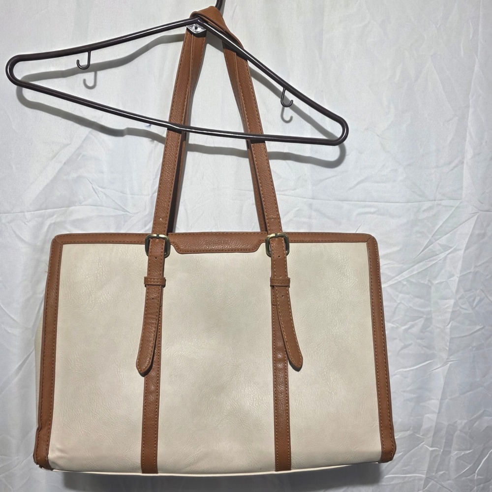 Ecosusi Laptop Tote Bag Cream Brown Vegan Leather Briefcase Work Bag